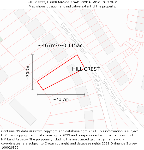 HILL CREST, UPPER MANOR ROAD, GODALMING, GU7 2HZ: Plot and title map