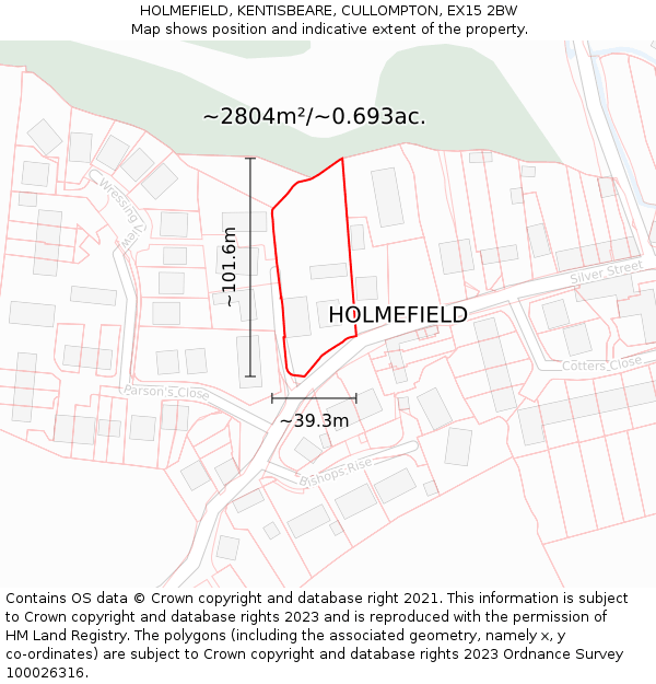 HOLMEFIELD, KENTISBEARE, CULLOMPTON, EX15 2BW: Plot and title map