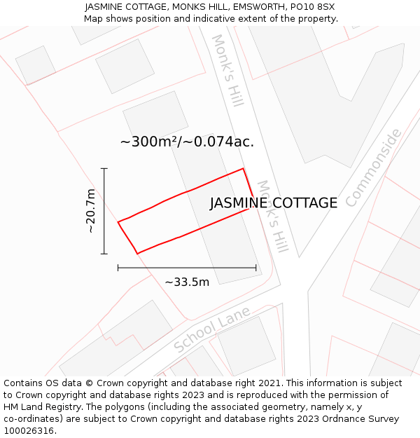 JASMINE COTTAGE, MONKS HILL, EMSWORTH, PO10 8SX: Plot and title map