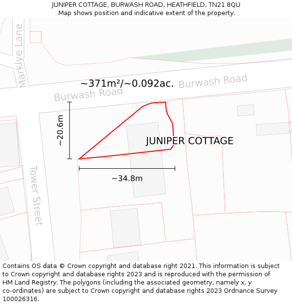 JUNIPER COTTAGE, BURWASH ROAD, HEATHFIELD, TN21 8QU: Plot and title map