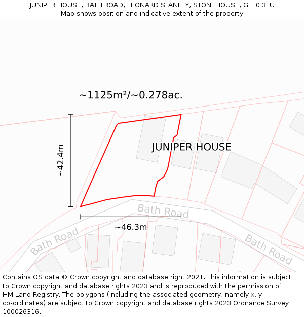 JUNIPER HOUSE, BATH ROAD, LEONARD STANLEY, STONEHOUSE, GL10 3LU: Plot and title map