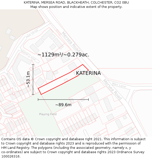 KATERINA, MERSEA ROAD, BLACKHEATH, COLCHESTER, CO2 0BU: Plot and title map