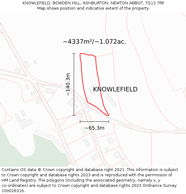 KNOWLEFIELD, BOWDEN HILL, ASHBURTON, NEWTON ABBOT, TQ13 7RP: Plot and title map