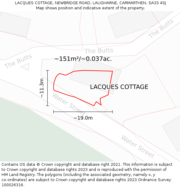 LACQUES COTTAGE, NEWBRIDGE ROAD, LAUGHARNE, CARMARTHEN, SA33 4SJ: Plot and title map