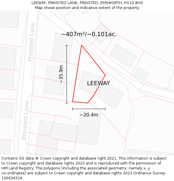 LEEWAY, PRINSTED LANE, PRINSTED, EMSWORTH, PO10 8HS: Plot and title map