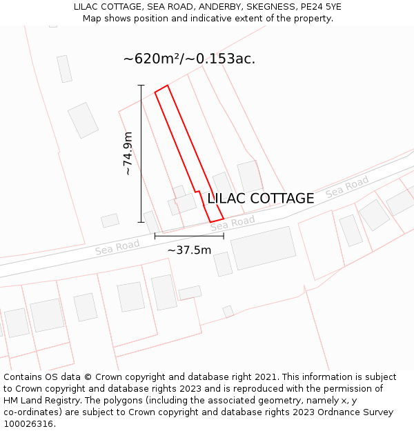 LILAC COTTAGE, SEA ROAD, ANDERBY, SKEGNESS, PE24 5YE: Plot and title map