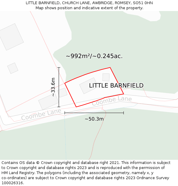 LITTLE BARNFIELD, CHURCH LANE, AWBRIDGE, ROMSEY, SO51 0HN: Plot and title map