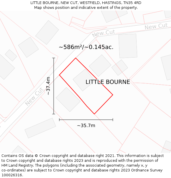 LITTLE BOURNE, NEW CUT, WESTFIELD, HASTINGS, TN35 4RD: Plot and title map