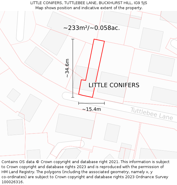 LITTLE CONIFERS, TUTTLEBEE LANE, BUCKHURST HILL, IG9 5JS: Plot and title map