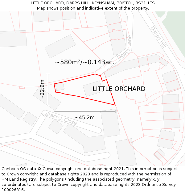 LITTLE ORCHARD, DAPPS HILL, KEYNSHAM, BRISTOL, BS31 1ES: Plot and title map