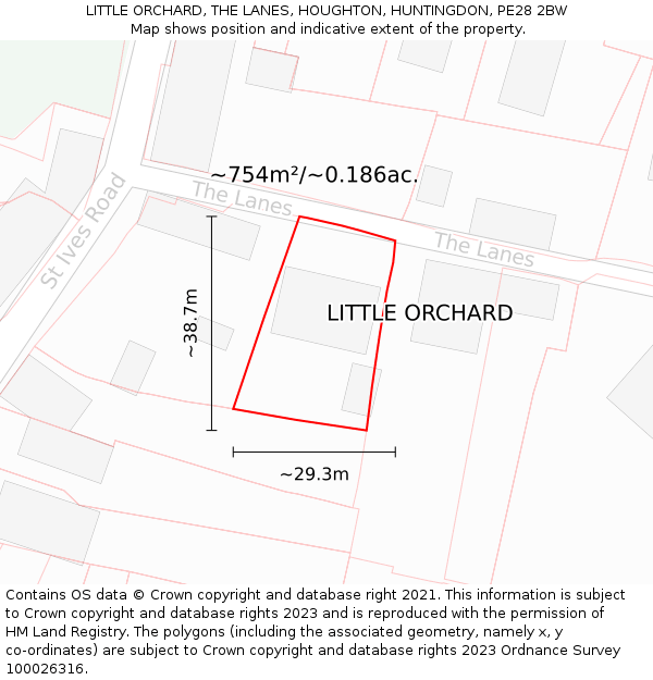 LITTLE ORCHARD, THE LANES, HOUGHTON, HUNTINGDON, PE28 2BW: Plot and title map