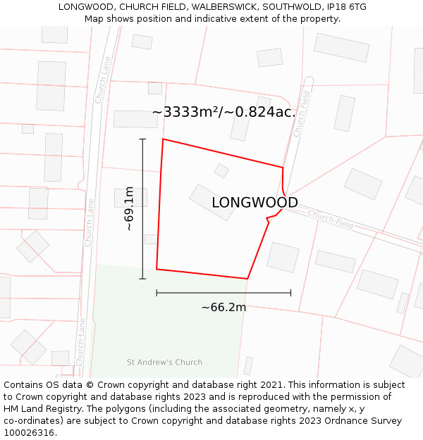 LONGWOOD, CHURCH FIELD, WALBERSWICK, SOUTHWOLD, IP18 6TG: Plot and title map