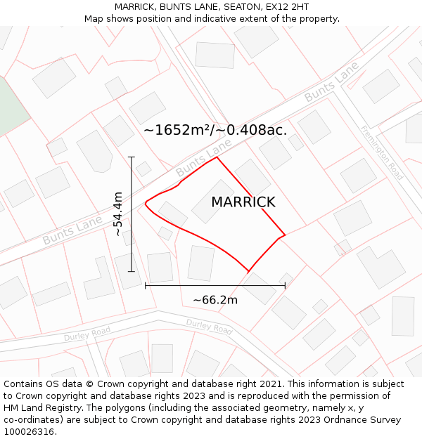 MARRICK, BUNTS LANE, SEATON, EX12 2HT: Plot and title map