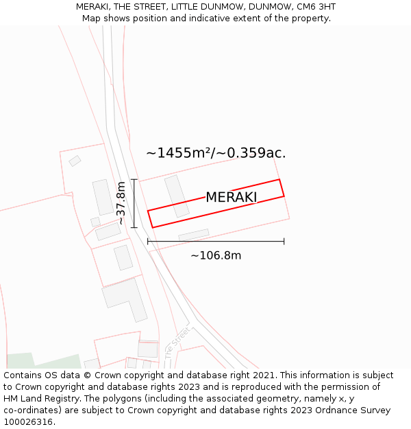 MERAKI, THE STREET, LITTLE DUNMOW, DUNMOW, CM6 3HT: Plot and title map