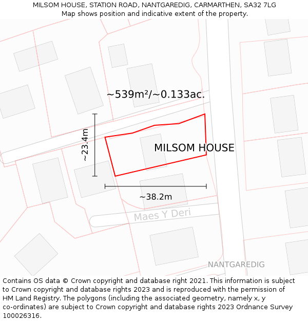 MILSOM HOUSE, STATION ROAD, NANTGAREDIG, CARMARTHEN, SA32 7LG: Plot and title map