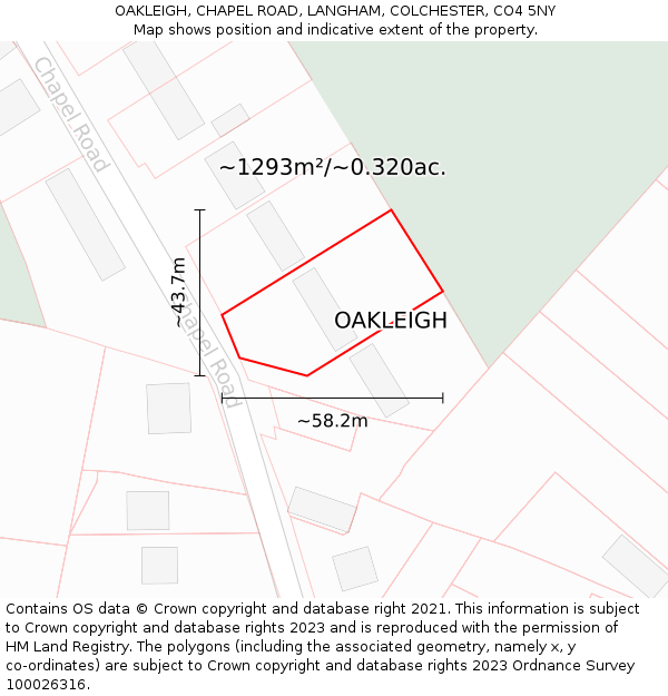 OAKLEIGH, CHAPEL ROAD, LANGHAM, COLCHESTER, CO4 5NY: Plot and title map