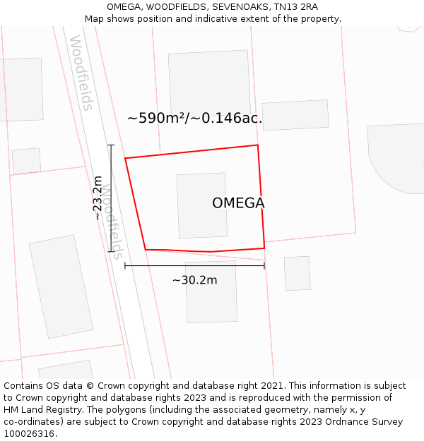 OMEGA, WOODFIELDS, SEVENOAKS, TN13 2RA: Plot and title map