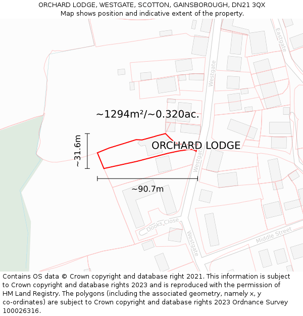 ORCHARD LODGE, WESTGATE, SCOTTON, GAINSBOROUGH, DN21 3QX: Plot and title map