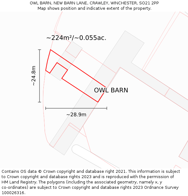 OWL BARN, NEW BARN LANE, CRAWLEY, WINCHESTER, SO21 2PP: Plot and title map