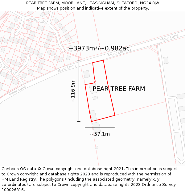 PEAR TREE FARM, MOOR LANE, LEASINGHAM, SLEAFORD, NG34 8JW: Plot and title map