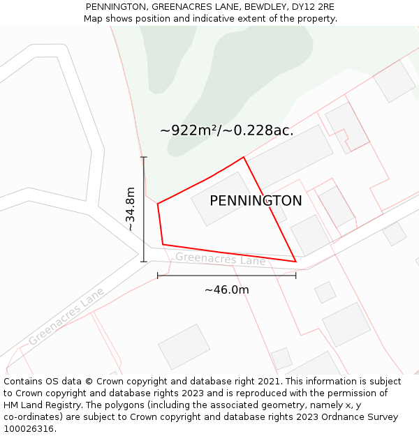 PENNINGTON, GREENACRES LANE, BEWDLEY, DY12 2RE: Plot and title map