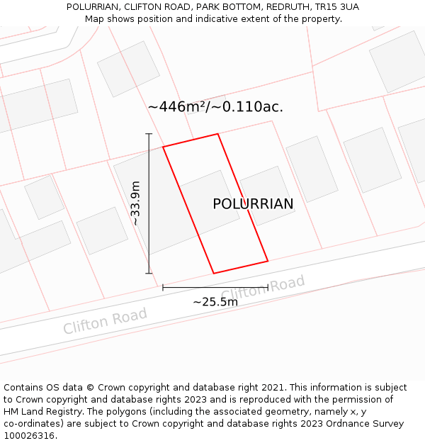 POLURRIAN, CLIFTON ROAD, PARK BOTTOM, REDRUTH, TR15 3UA: Plot and title map