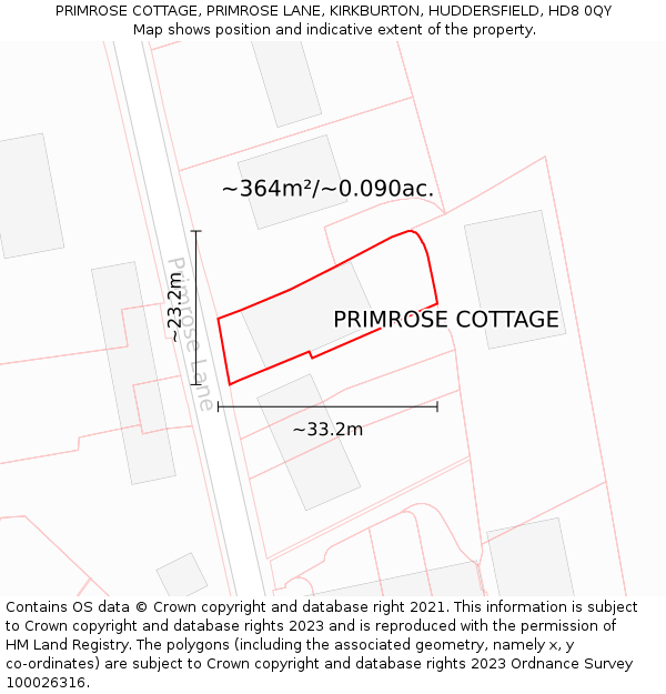 PRIMROSE COTTAGE, PRIMROSE LANE, KIRKBURTON, HUDDERSFIELD, HD8 0QY: Plot and title map