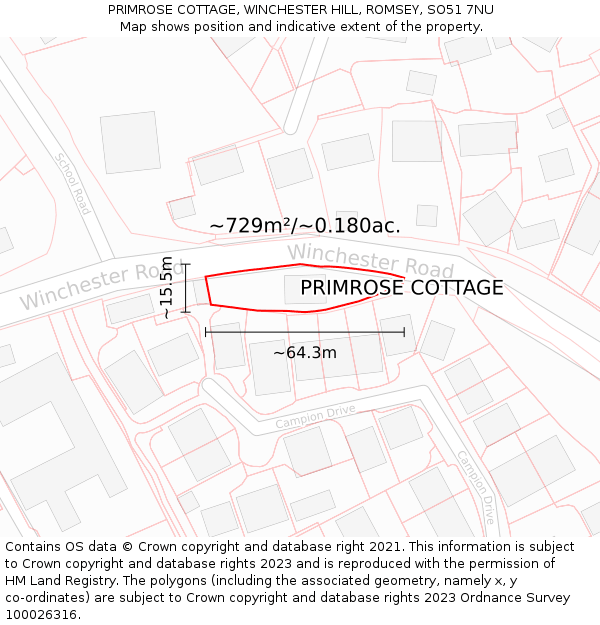 PRIMROSE COTTAGE, WINCHESTER HILL, ROMSEY, SO51 7NU: Plot and title map