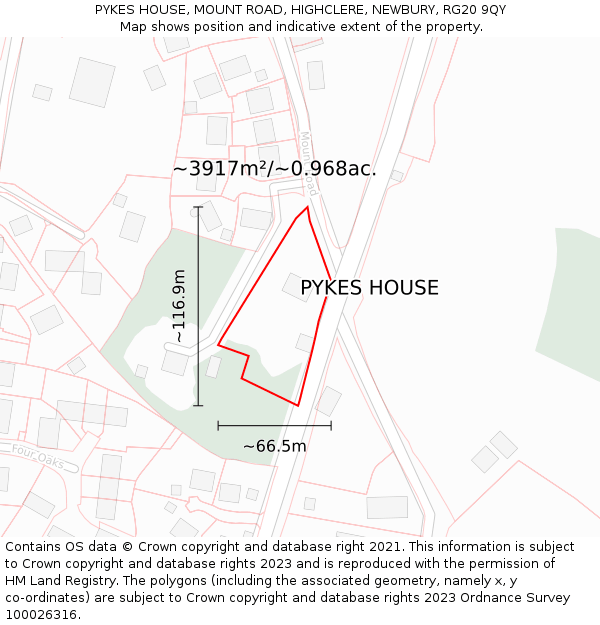 PYKES HOUSE, MOUNT ROAD, HIGHCLERE, NEWBURY, RG20 9QY: Plot and title map