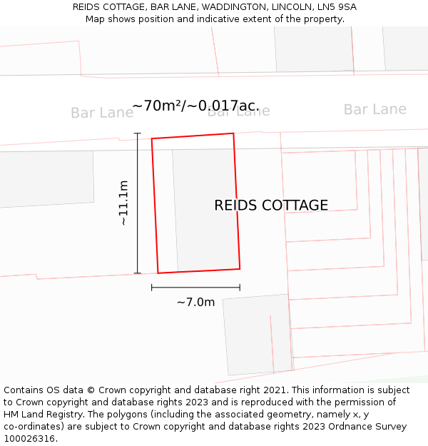 REIDS COTTAGE, BAR LANE, WADDINGTON, LINCOLN, LN5 9SA: Plot and title map