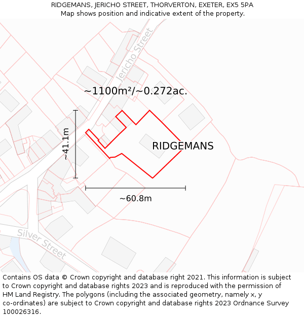 RIDGEMANS, JERICHO STREET, THORVERTON, EXETER, EX5 5PA: Plot and title map