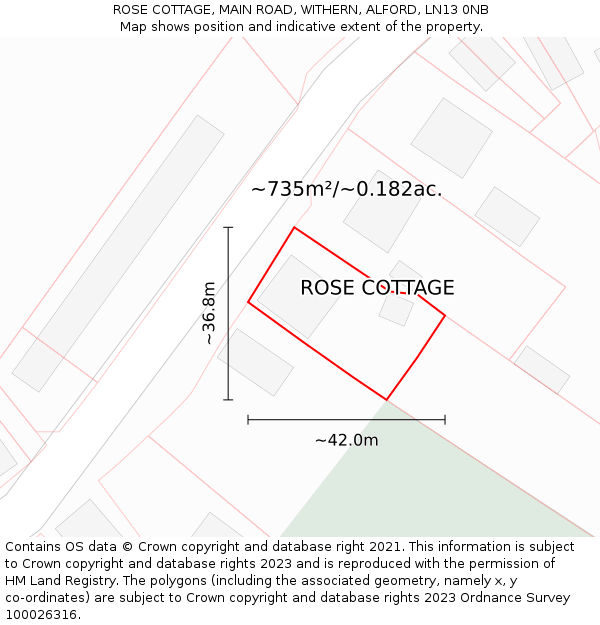 ROSE COTTAGE, MAIN ROAD, WITHERN, ALFORD, LN13 0NB: Plot and title map