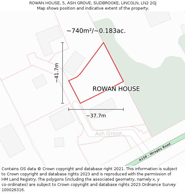 ROWAN HOUSE, 5, ASH GROVE, SUDBROOKE, LINCOLN, LN2 2GJ: Plot and title map