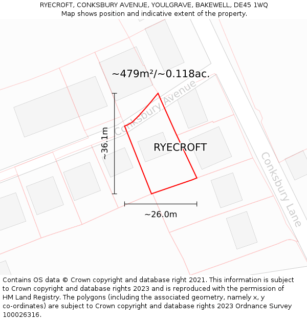 RYECROFT, CONKSBURY AVENUE, YOULGRAVE, BAKEWELL, DE45 1WQ: Plot and title map