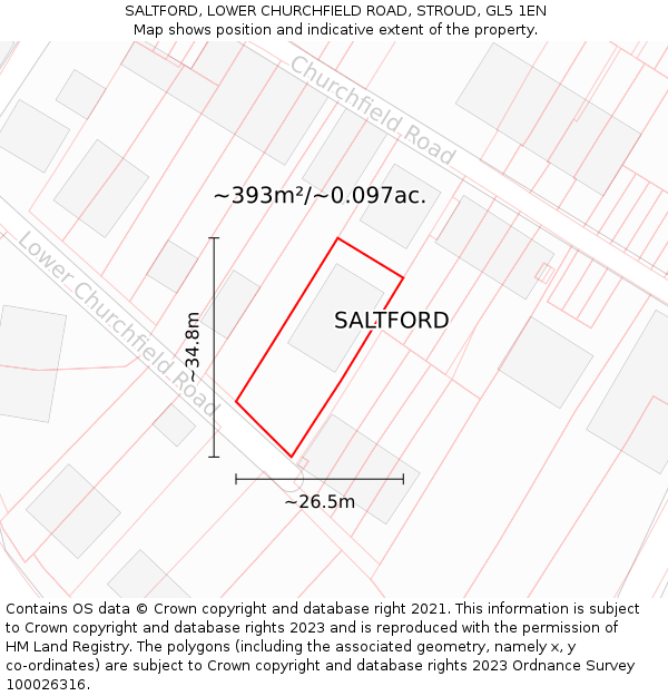 SALTFORD, LOWER CHURCHFIELD ROAD, STROUD, GL5 1EN: Plot and title map