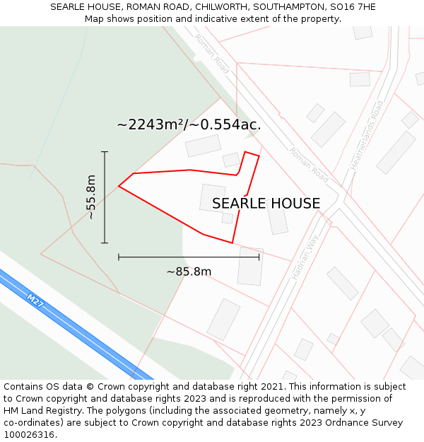 SEARLE HOUSE, ROMAN ROAD, CHILWORTH, SOUTHAMPTON, SO16 7HE: Plot and title map