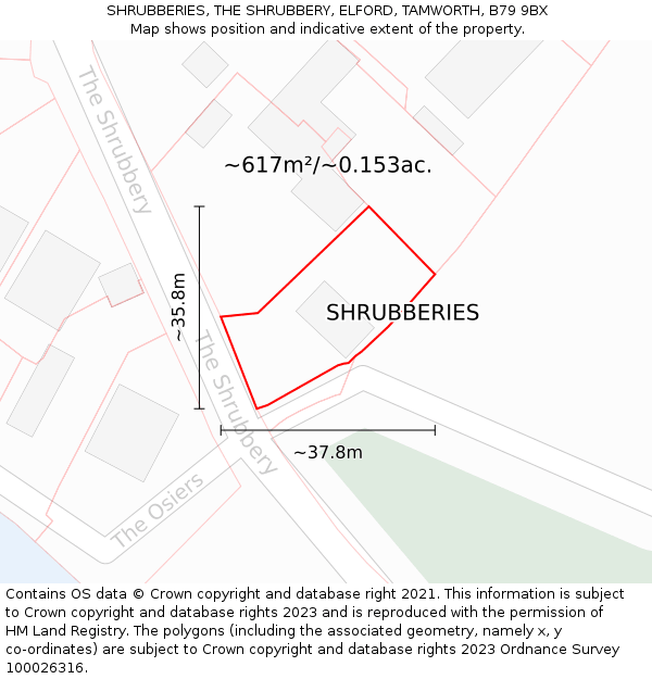 SHRUBBERIES, THE SHRUBBERY, ELFORD, TAMWORTH, B79 9BX: Plot and title map