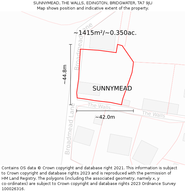 SUNNYMEAD, THE WALLS, EDINGTON, BRIDGWATER, TA7 9JU: Plot and title map