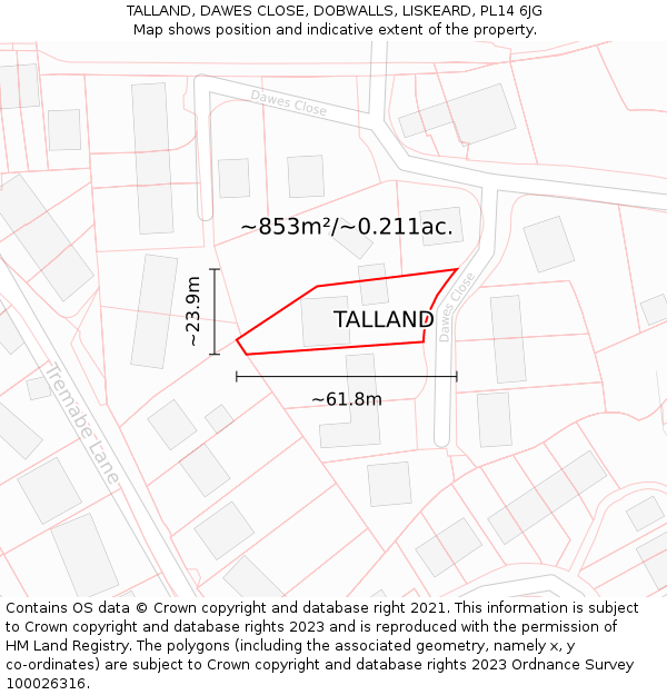 TALLAND, DAWES CLOSE, DOBWALLS, LISKEARD, PL14 6JG: Plot and title map