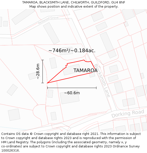 TAMAROA, BLACKSMITH LANE, CHILWORTH, GUILDFORD, GU4 8NF: Plot and title map