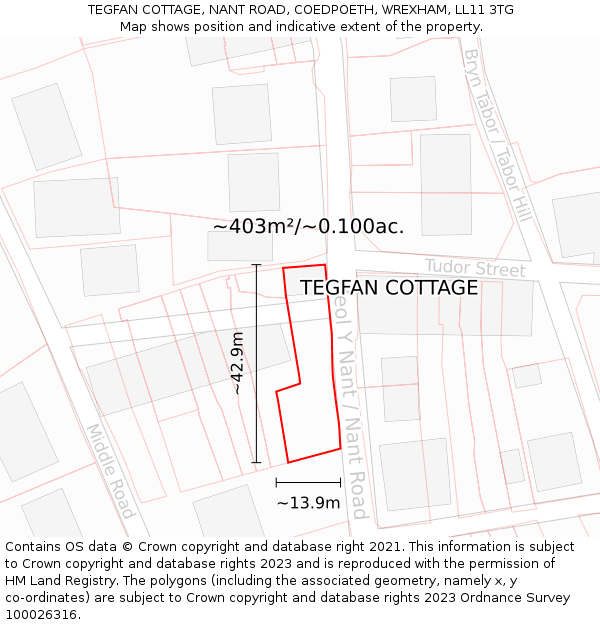 TEGFAN COTTAGE, NANT ROAD, COEDPOETH, WREXHAM, LL11 3TG: Plot and title map