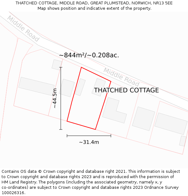 THATCHED COTTAGE, MIDDLE ROAD, GREAT PLUMSTEAD, NORWICH, NR13 5EE: Plot and title map