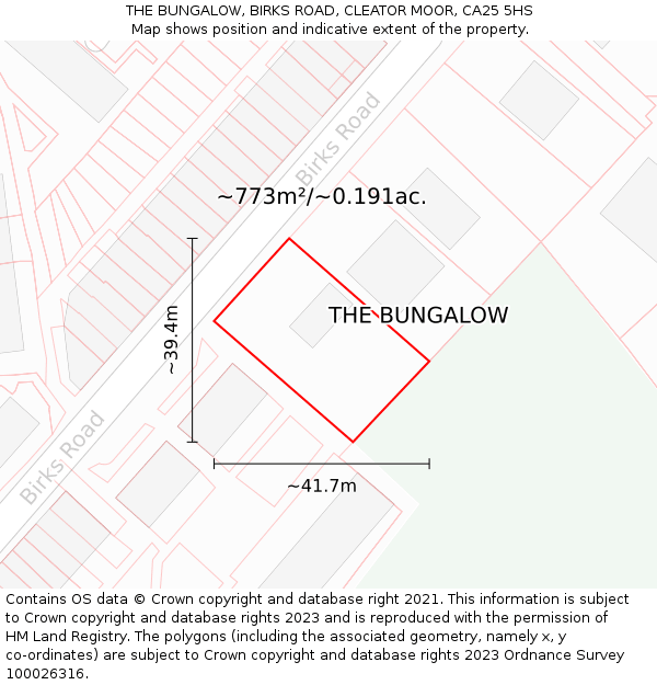 THE BUNGALOW, BIRKS ROAD, CLEATOR MOOR, CA25 5HS: Plot and title map