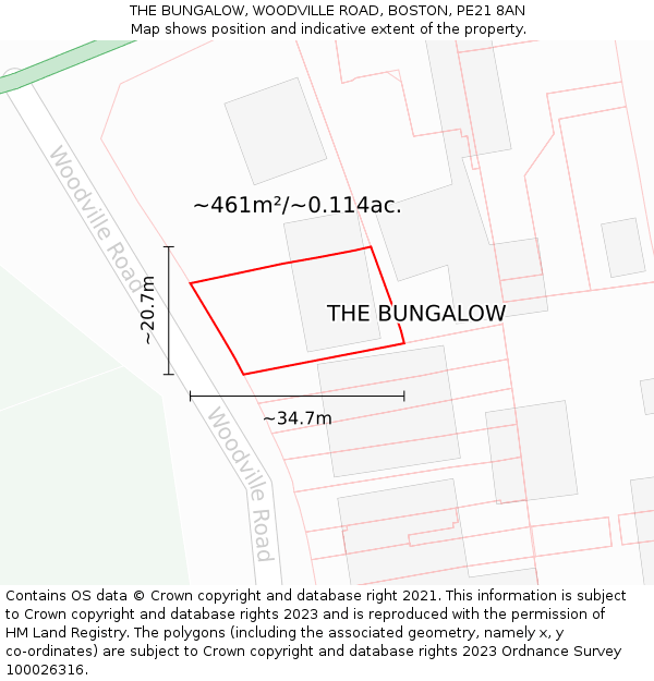 THE BUNGALOW, WOODVILLE ROAD, BOSTON, PE21 8AN: Plot and title map