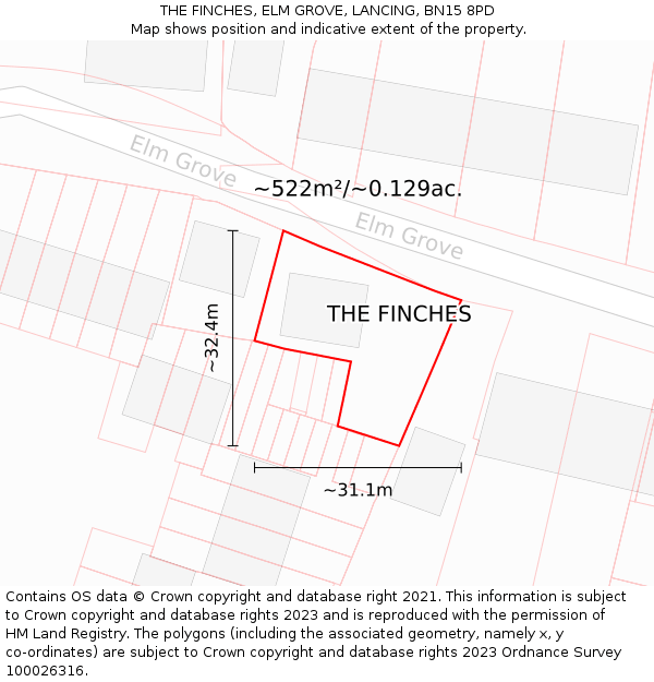 THE FINCHES, ELM GROVE, LANCING, BN15 8PD: Plot and title map