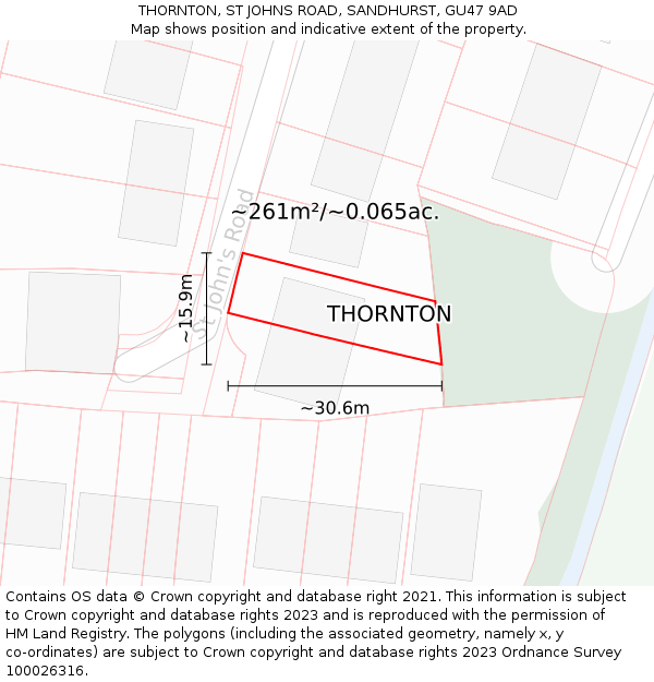 THORNTON, ST JOHNS ROAD, SANDHURST, GU47 9AD: Plot and title map