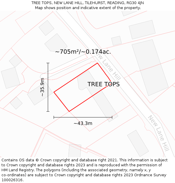 TREE TOPS, NEW LANE HILL, TILEHURST, READING, RG30 4JN: Plot and title map