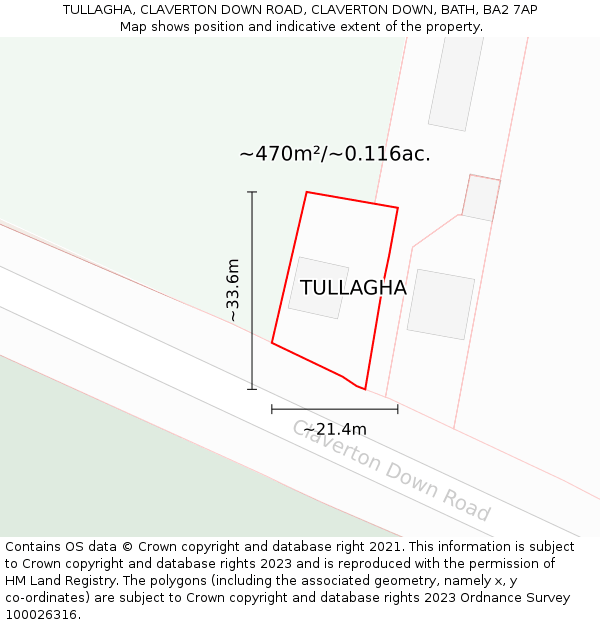 TULLAGHA, CLAVERTON DOWN ROAD, CLAVERTON DOWN, BATH, BA2 7AP: Plot and title map