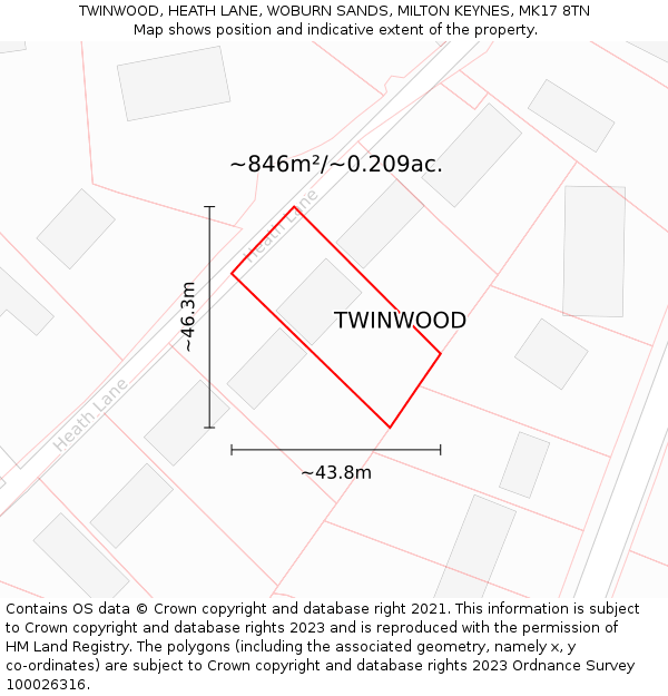 TWINWOOD, HEATH LANE, WOBURN SANDS, MILTON KEYNES, MK17 8TN: Plot and title map