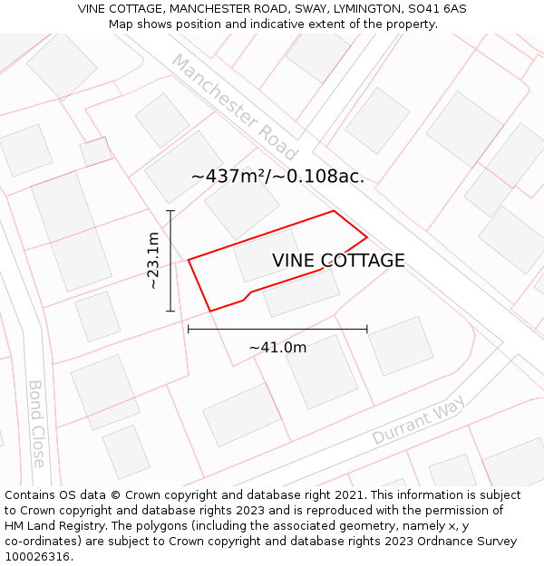 VINE COTTAGE, MANCHESTER ROAD, SWAY, LYMINGTON, SO41 6AS: Plot and title map